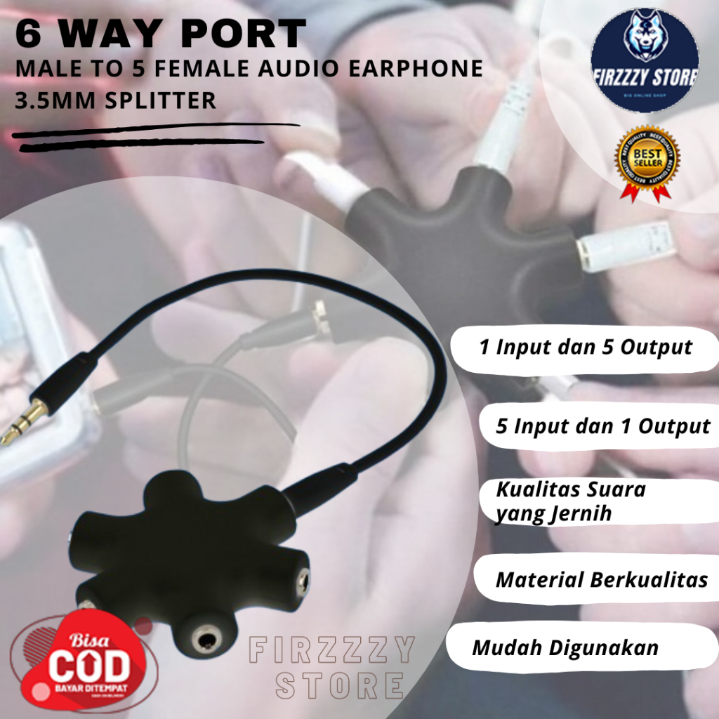 Jual 6 Way Port Male to 5 Female Audio Earphone 3.5mm Splitter - Black ...