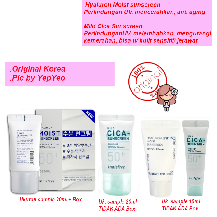 Jual INNlSFREE Hyaluron Moist Sunscreen atau Mild Cica Sunscreen SPF 50 ...