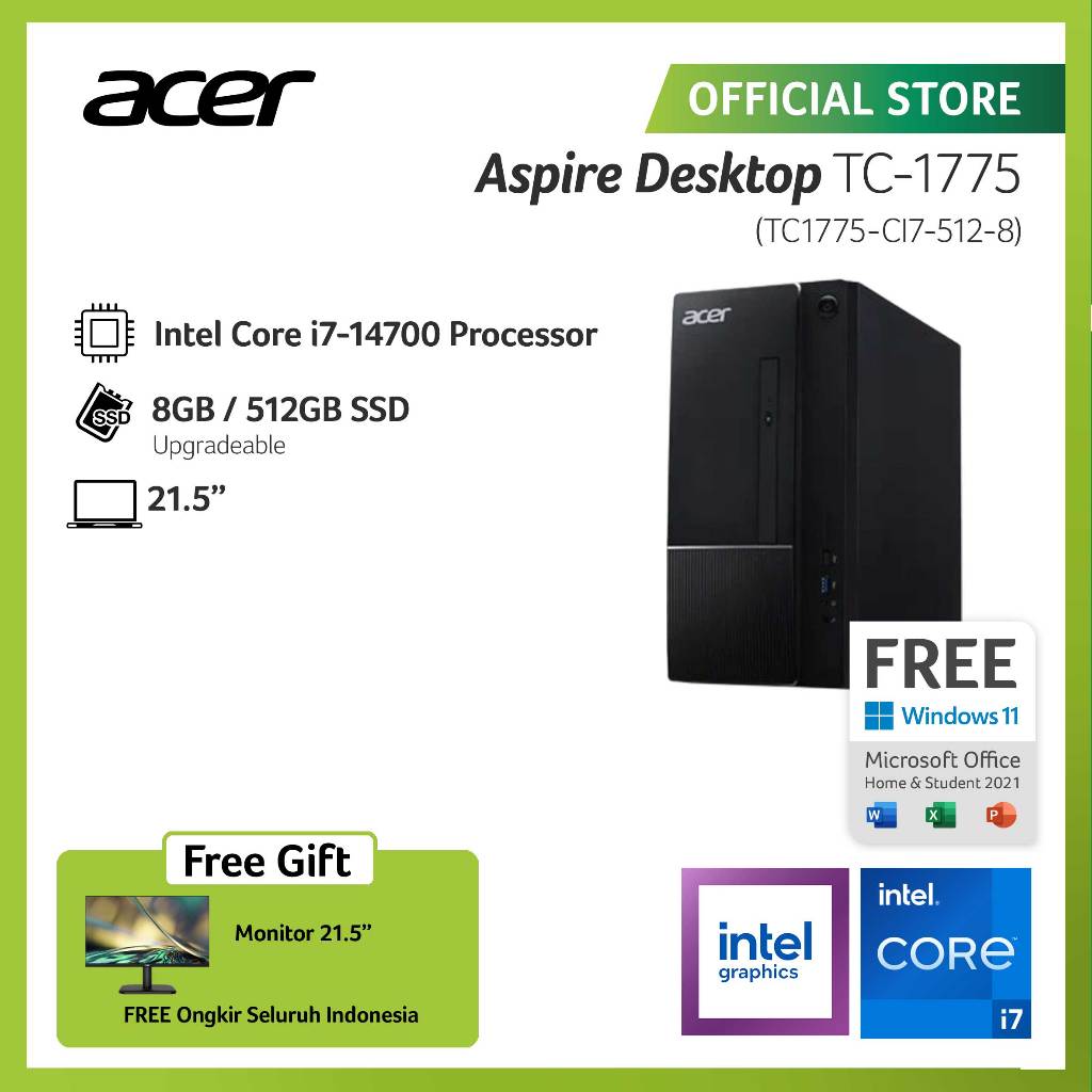 ACER ASPIRE DESKTOP TC-1775 INTEL CORE I7-14700 RAM 8GB 512GB SSD GRAPHICS INTEL UHD 730 WINDOWS 11