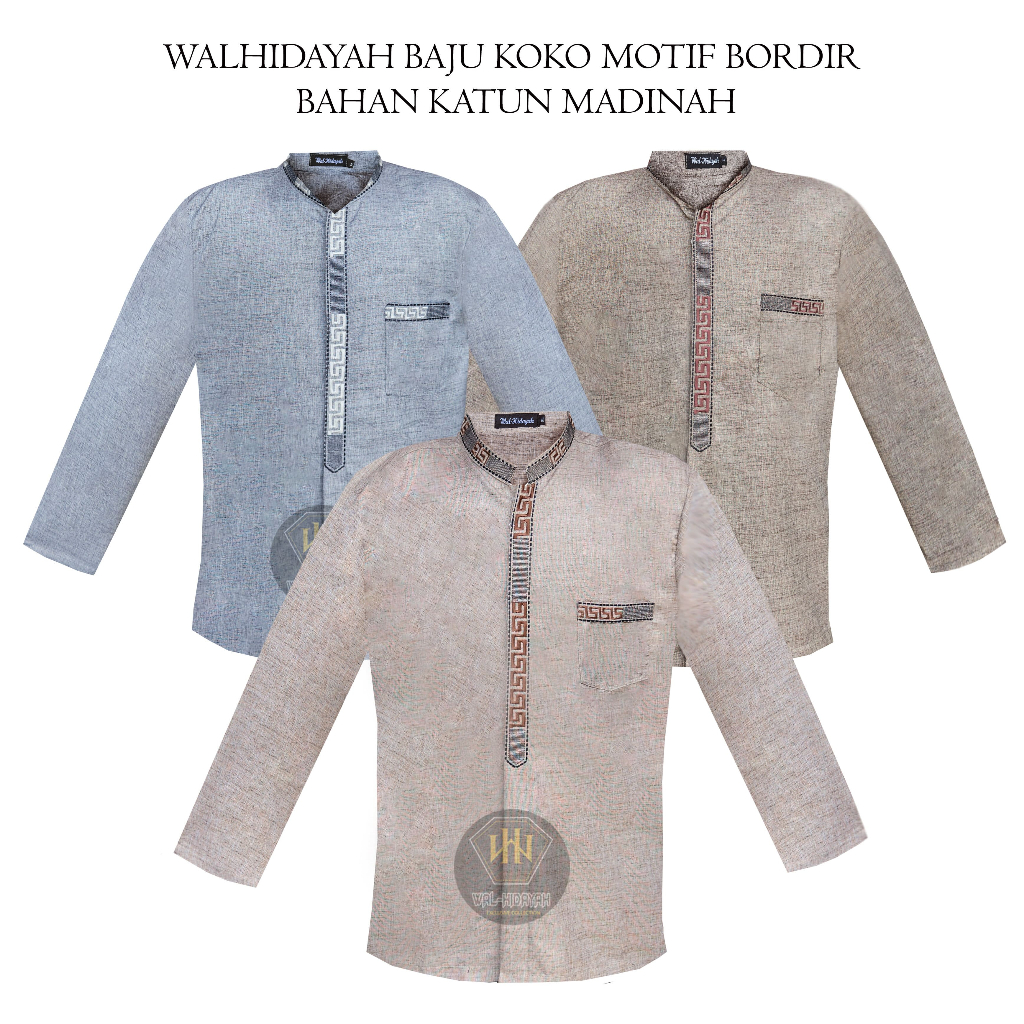 Baju Koko Pria Dewasa Motif Bordir Lengan Panjang Bahan Katun Madinah Premium Muslim Nyaman Motif