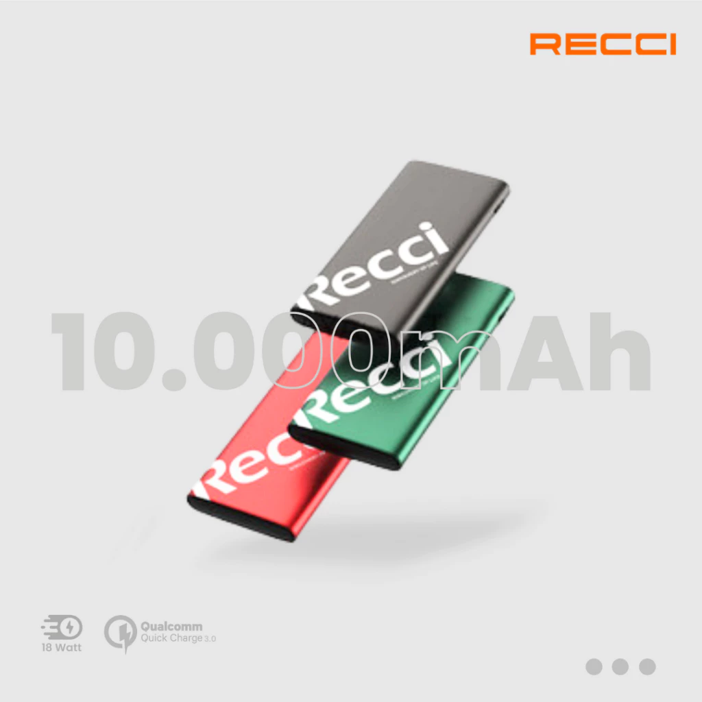 Powerbank Recci RPB-P02 PD+QC3.0 18W Dual Output 10000mAh Hijau/Abu-Abu/Merah