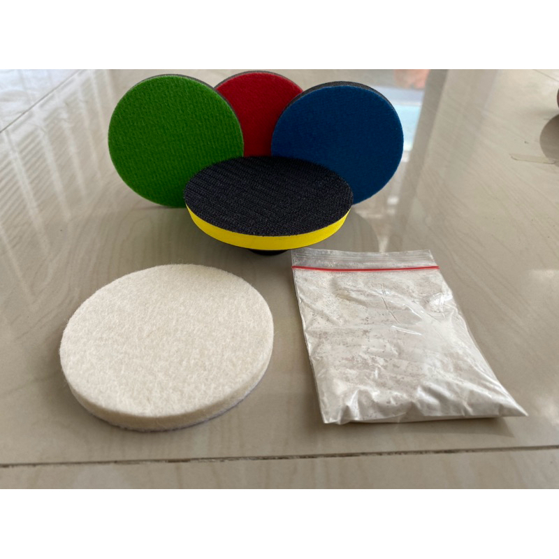 Jual paket poles kaca baret (3 amplas kaca, cerium, pad kaca, backing ...