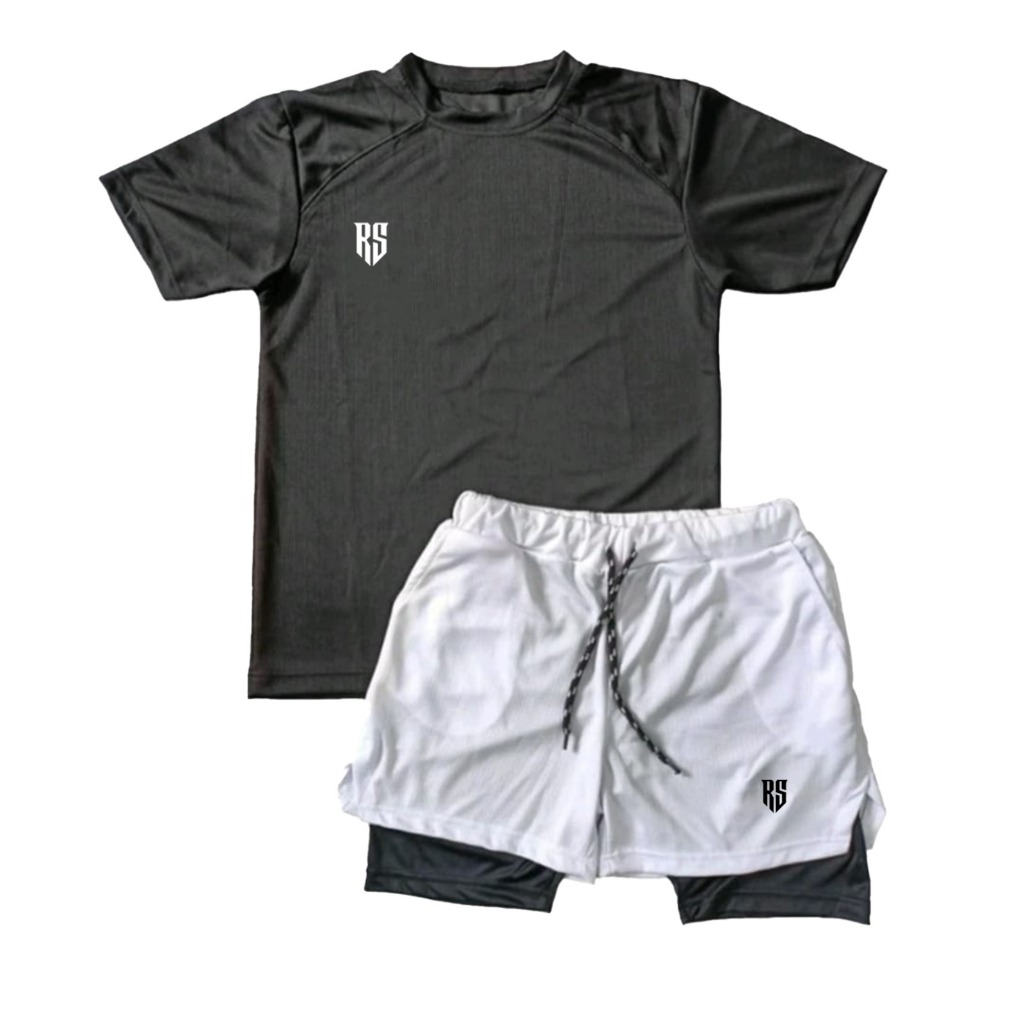 PAKET SETELAN BAJU OLAH RAGA & CELANA PENDEK 2IN 1 JOGGING RUNNING SLIMFIT sporty Olahraga