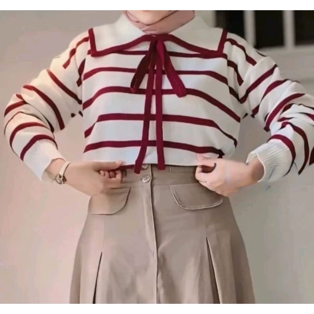 Atasan Rajut Wanita Motif Garis Kera / Blouse Rajut Wanita Berkera