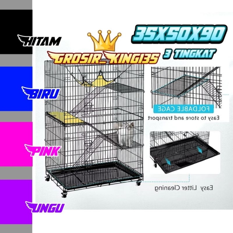Jual Kandang Kucing Tingkat 3 Size L 90x50x35 cm + Roda (Muat 3-4 Ekor ...