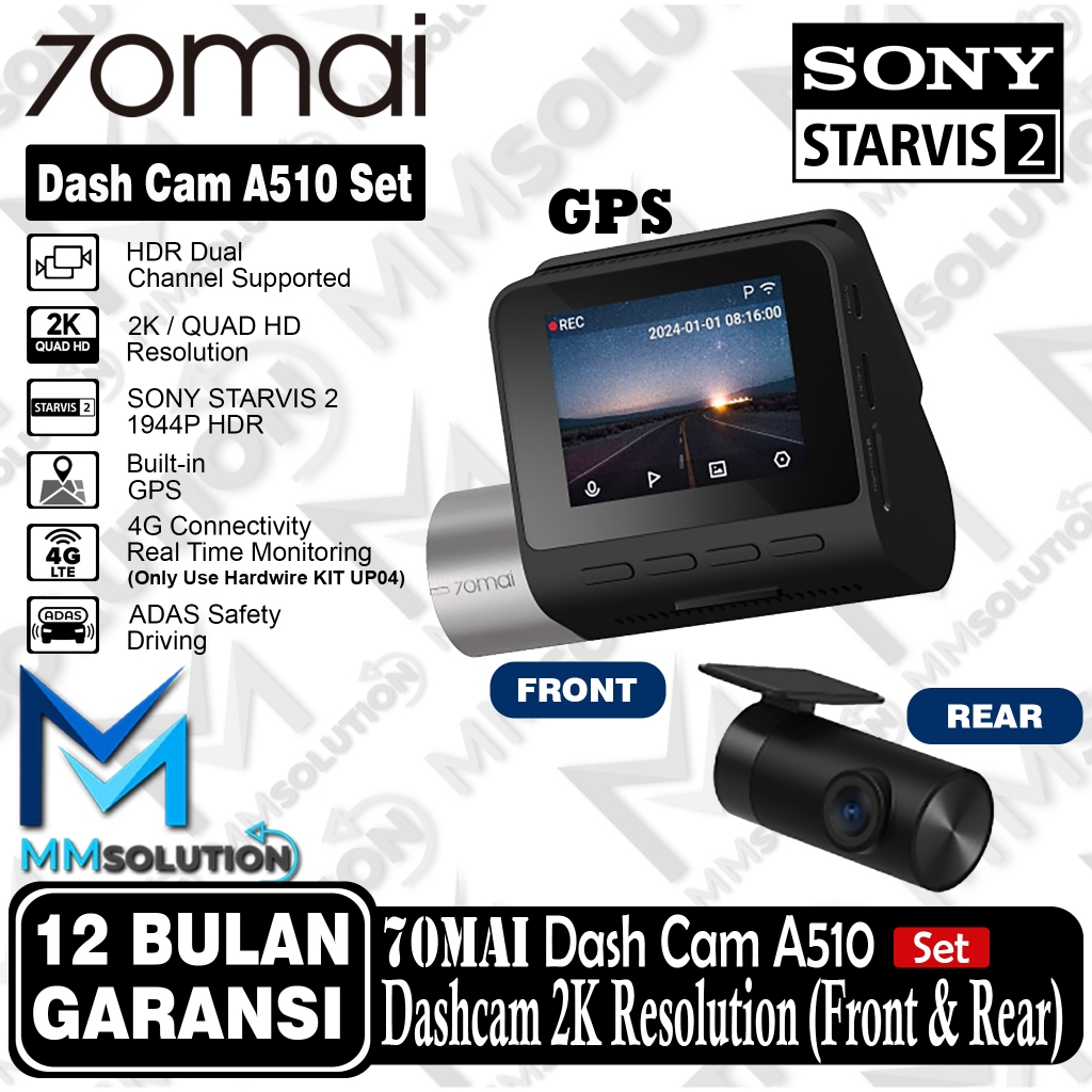 70mai Dash Cam A510 1944P HDR GPS ADAS, Set Anteriore E Posteriore, Con Sensore STARVIS 2, Connettività 4G