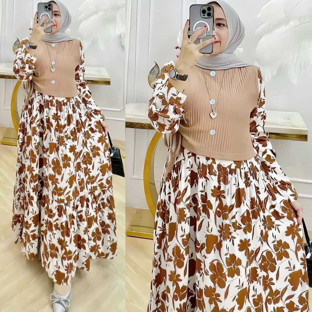 Jual AUREL MIDI DRESS KNIT IMPORT KOMBINASI CRINKLE ALEVA MOTIF BUNGA  TERBARU | Shopee Indonesia