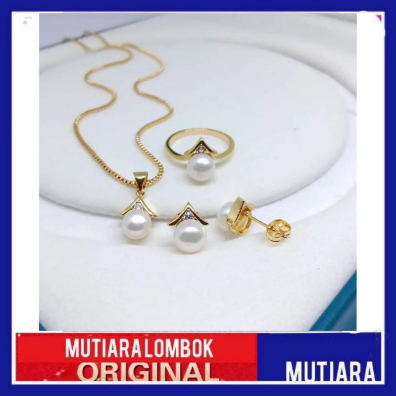 Jual set perhiasan kalung cincin anting mutiara lombok asli kalung