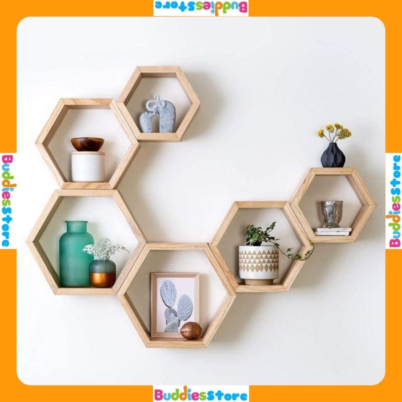 RAK DINDING HEXAGONAL WARNA - RAK DINDING KAYU SERBAGUNA - RAK POT BUNGA KAYU