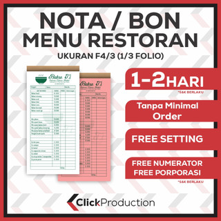 Jual NOTA / BON MENU RESTORAN COSTUM UK.F4/3 (21,5x11cm) | Shopee Indonesia