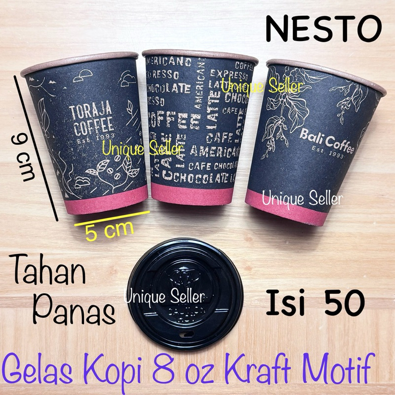 Jual [Isi50] Paper Cup 8 oz Tahan Panas NESTO Kraft Motif dengan tutup ...