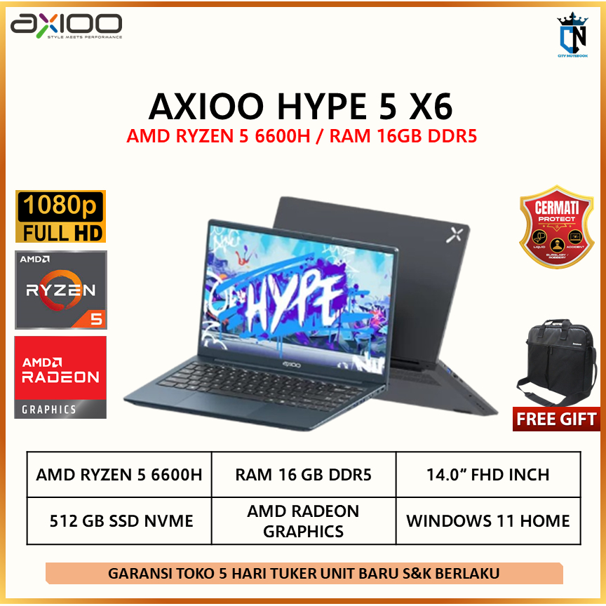 Jual Laptop Axioo Hype 5 AMD X6 Ryzen 5-6600H 16GB DDR5 512GB W11