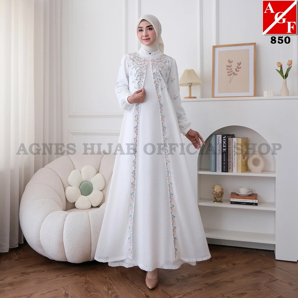 Gamis Putih Lebaran Terbaru Bordir Bunga Baju Muslim Wanita Abaya Hitam Gaun Pesta Kondangan tampilan depan