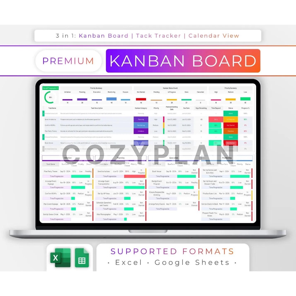 Jual Kanban Board Excel & Google Sheets | Task Tracker | 2024 Calendar ...