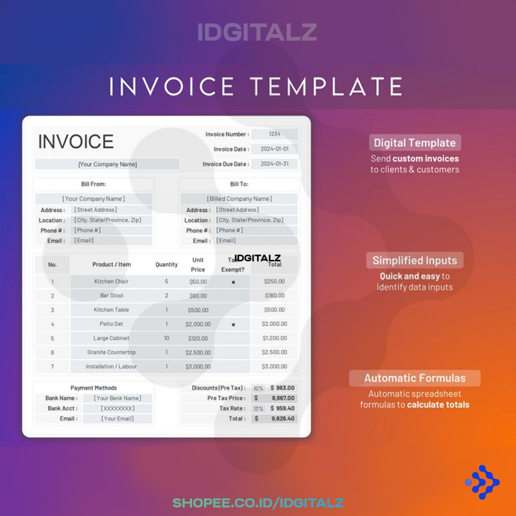 Jual [T0121] Template Business Invoice Excel Spreadsheet PDF - Solusi ...
