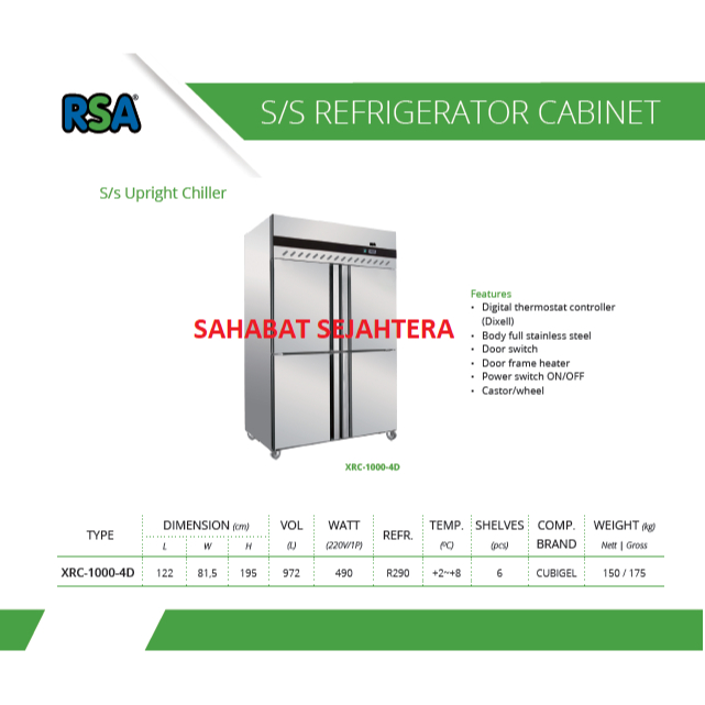 Jual RSA Stainless Steel Upright Chiller XRC-1000-4D Chiller Stainless ...