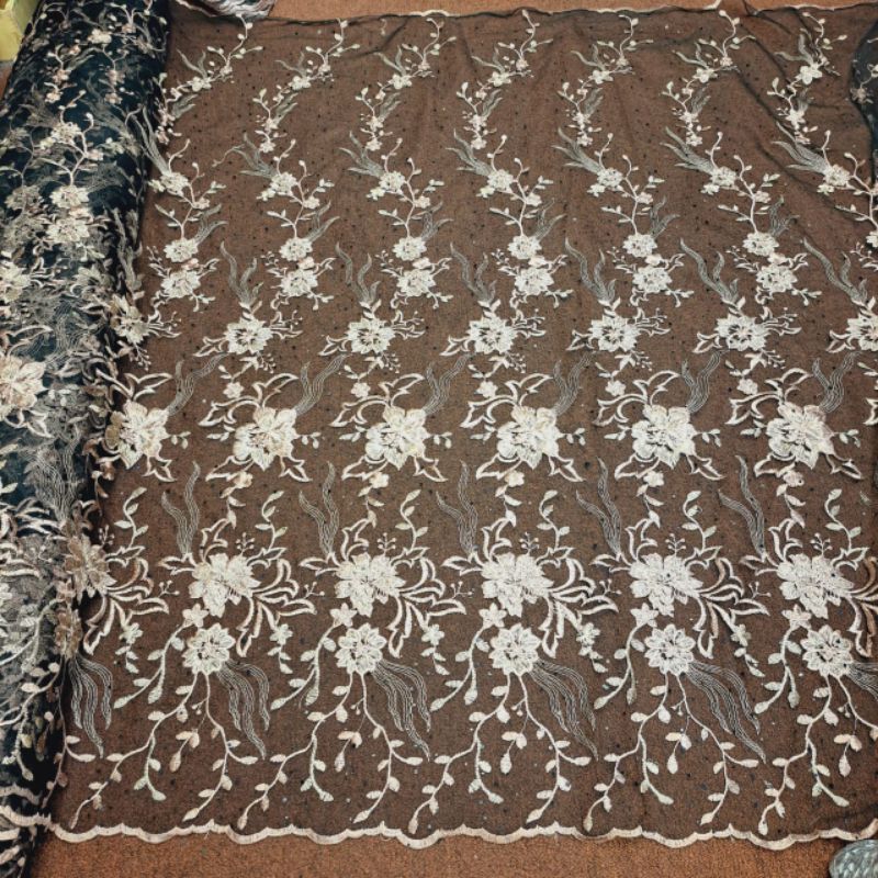 Jual Kain Tulle 3D Bunga/Tille Payet Stone/Tille Bordir 3D Dasar Hitam ...
