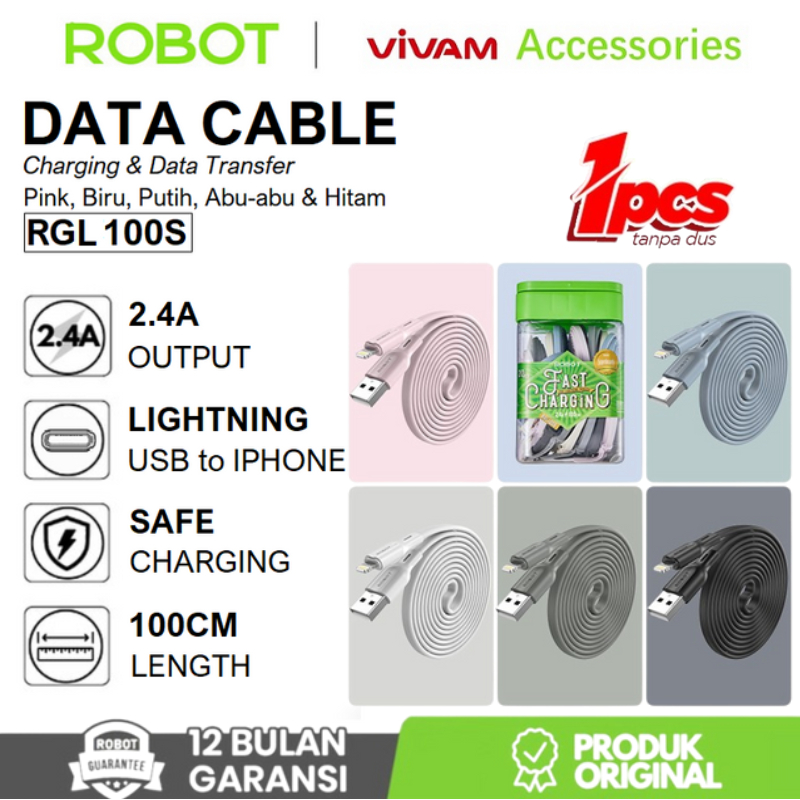 Jual ROBOT RGL100S Kabel Lightning 2.4A 1M Data Cable Color Full Per ...