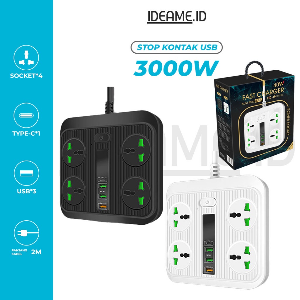 Jual Ideame Colokan Listrik T18 White - Black 4Soket + 3USB 3000W ...
