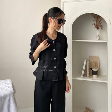 NA BI Top Korean Collar Blouse Puffy Sleeves Button Shirt Ruffle Blouse Balon Puff Sleeve 0288