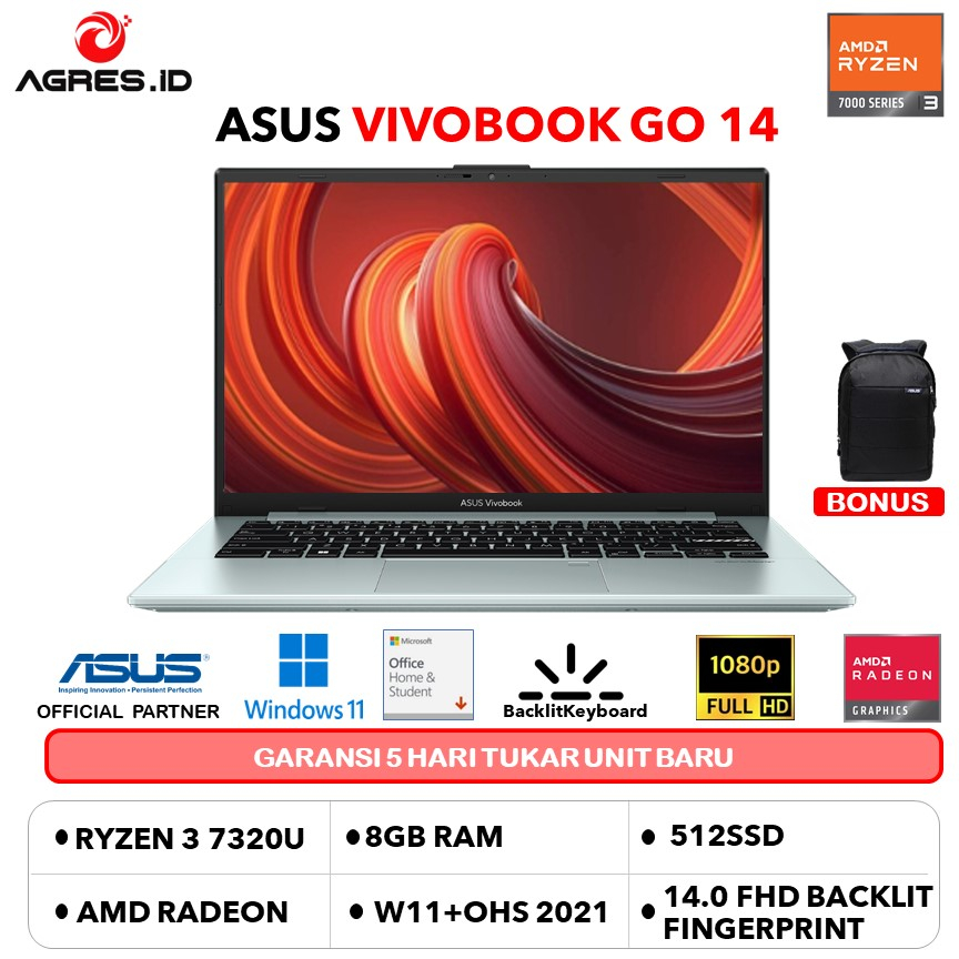 Jual ASUS VIVOBOOK GO 14 E1404FA RYZEN 3 7320 8GB 512GB W11+OHS 14.0FHD ...