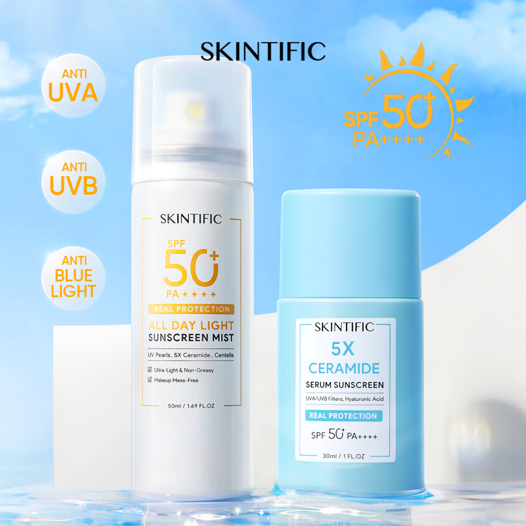 SKINTIFIC All Day Sunscreen Protection set SPF50 PA++++ All Day Light Sunscreen Mist 120ml Sunscreen Spray + 5X Ceramide Serum Sunscreen 30ml UV Shield Skincare Sunblock Face Sunscreen tabir surya wajah