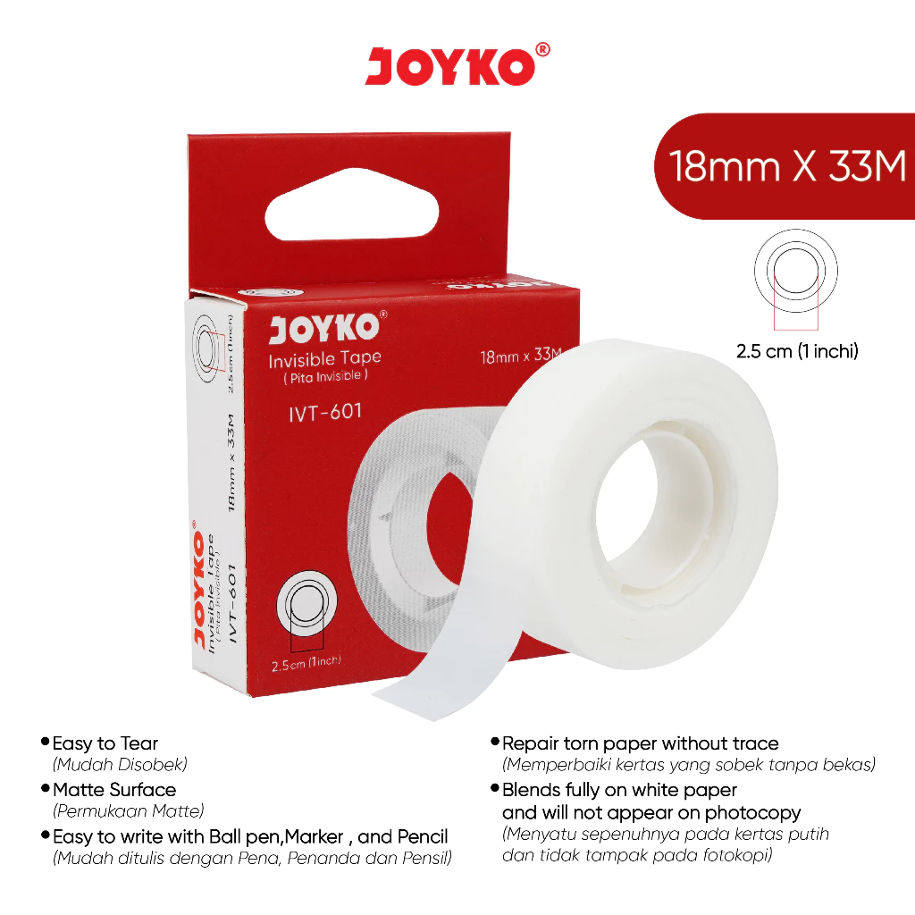 Jual Invisible Tape / Pita Perekat Kertas Invisibel Joyko IVT-601 18mm ...