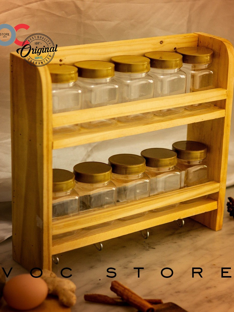Jual Tempat Bumbu Kayu 2 Tingkat dengan 10 Toples Dapat Sticker Bumbu ...
