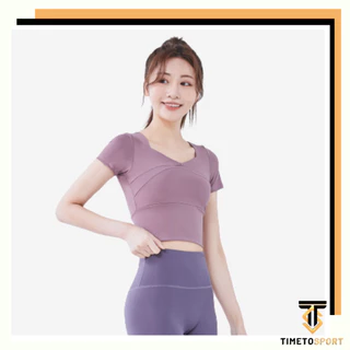 TIMETOSPORT Pakaian Yoga Lengan Pendek Celana Ketat Olahraga Elastis Cepat Kering Atas (Termasuk Bantalan Dada) 1123