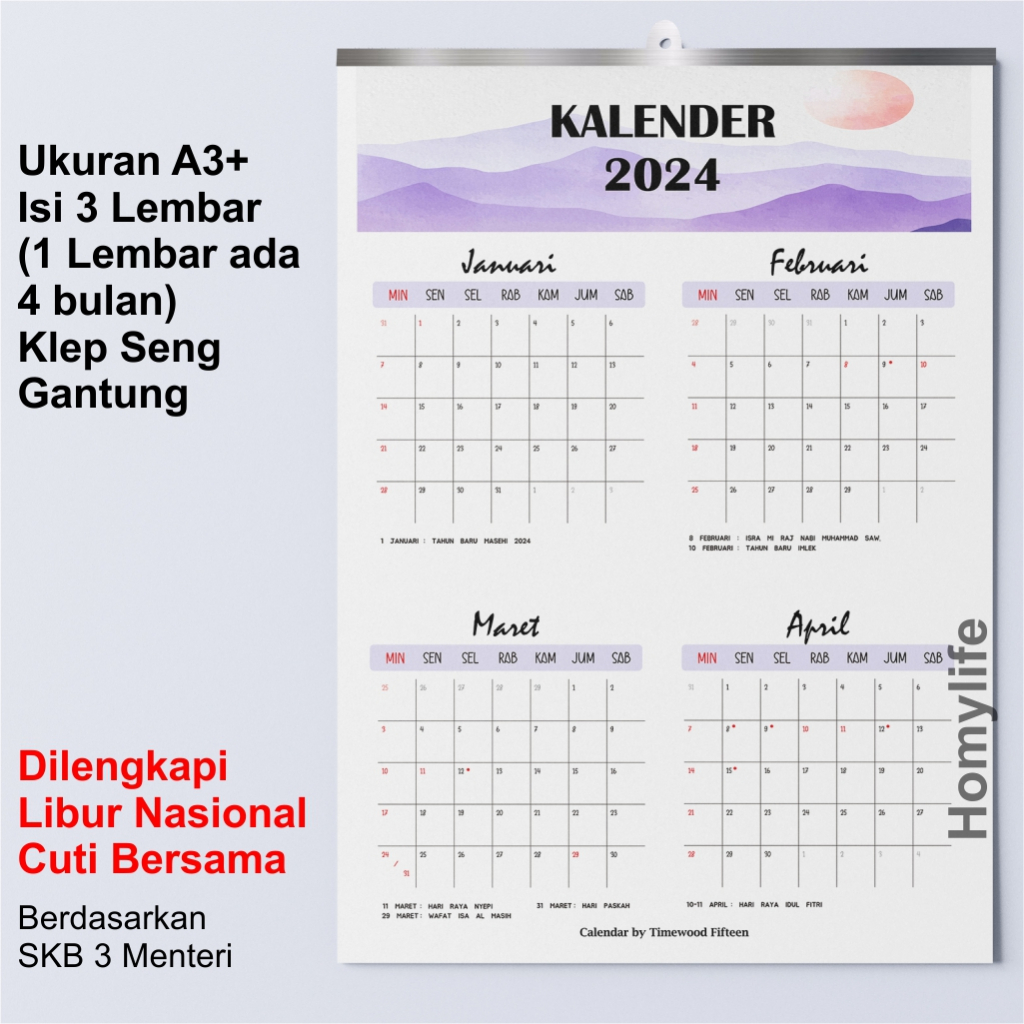 Jual 2024 KALENDER DINDING BESAR Isi 3 Lembar Klep Seng Lengkap Libur