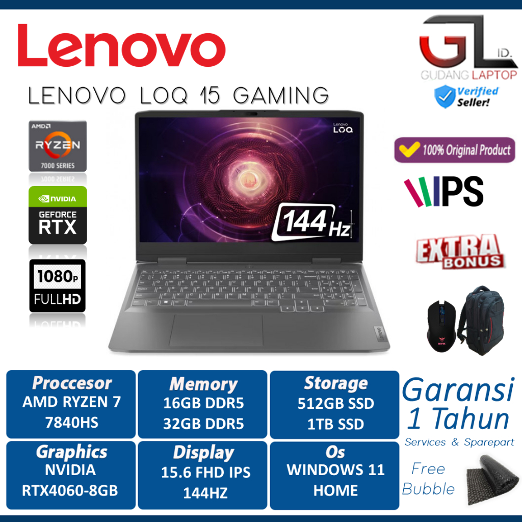 Lenovo LOQ 15 - 7840HS · RTX 4060 · 15.6”, Full HD (1920 x 1080), 144 Hz,  IPS · 512GB SSD · 16GB DDR5 · Windows 11 Home