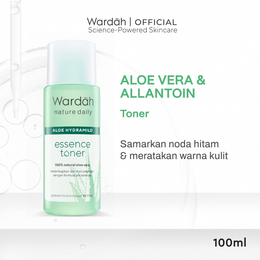 Wardah 100% Aloe Vera + Witch Hazel & Allantoin Nature Daily Hydramild Essence Toner 100 ml - Toner Multifungsi dengan Formula pH Balance - Melembapkan dan Menyegarkan Kulit