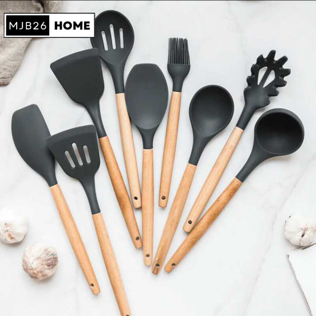 Jual MH26 Set Spatula Silikon Kayu Alat Masak Dapur Sutil Tahan Panas 9