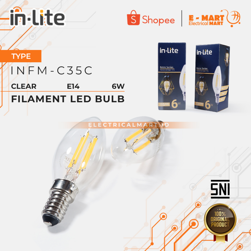 Jual InLite Filament LED Bulb 6W E14 Clear Lampu Candle 4 watt INFM ...