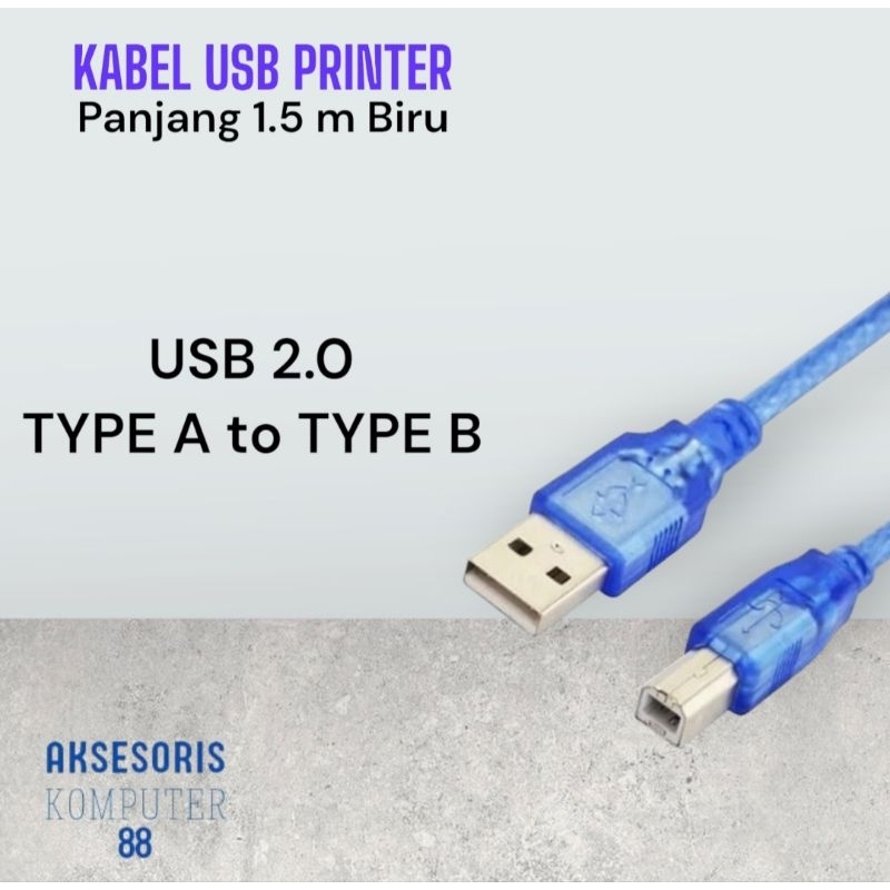 Jual Kabel USB Printer 1,5 meter / 15mm BIRU TRANSPARANT 2.0 type A to ...