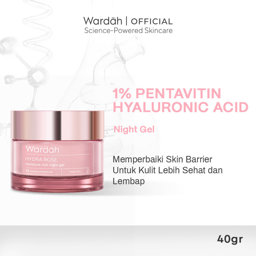 Wardah Hydra Rose Moisture Rich Night Gel - Krim Untuk Kulit Kering dan Dehidrasi - Gel Ringan Watery Melembabkan Hingga 72 Jam - Dilengkapi Rose Oil