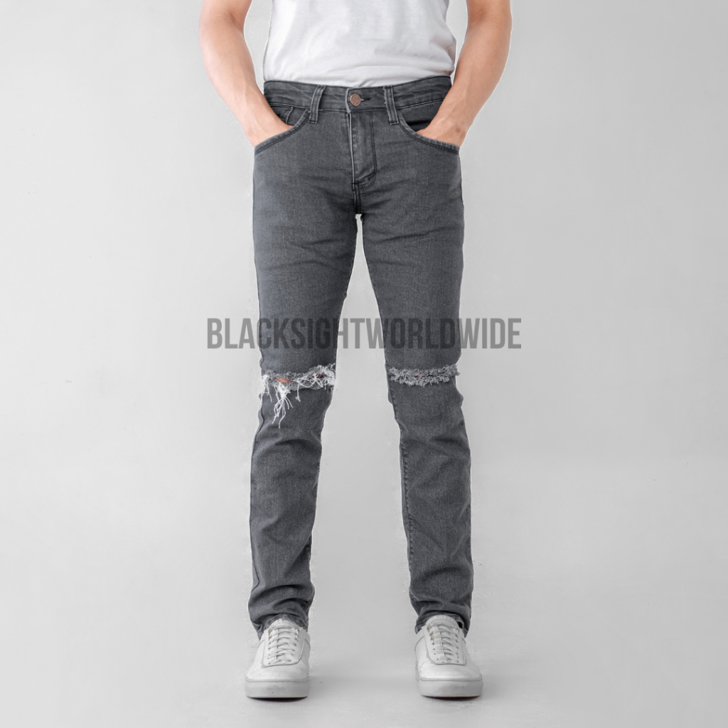 Jual Celana Jeans Sobek Lutut Pria Robek Ripped Jeans Biru Muda