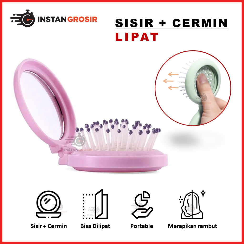 Jual Sisir Rambut Lipat Mini Plus Kaca Make Up Mirror Cermin 2in1 Anti 