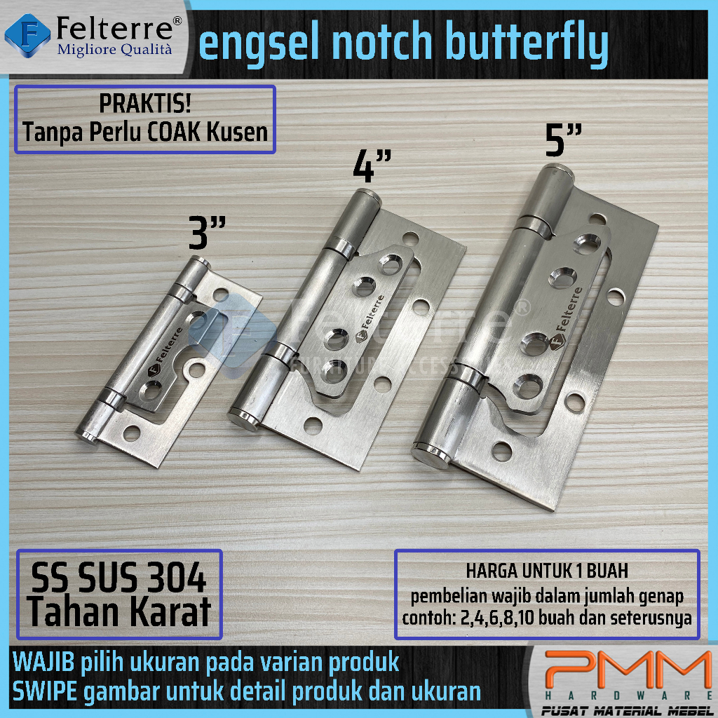 Jual engsel notch butterfly FELTERRE | pintu kupu stainless 304 tanpa ...