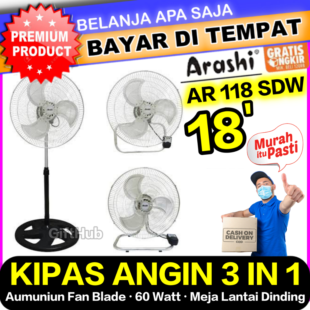 Jual KIPAS ANGIN BESI CYCLONE 3 IN 1 ARASHI 18 INCH AR-118 SDW Standing ...