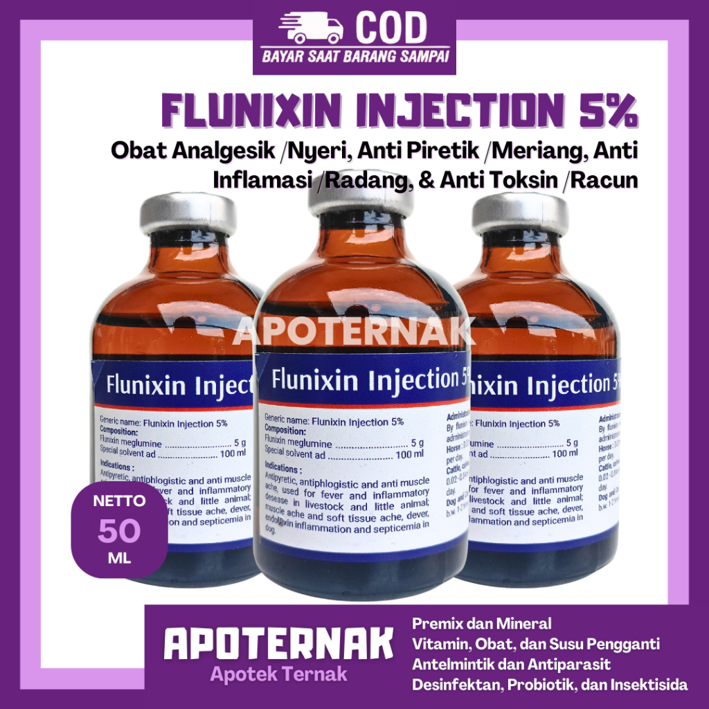 Jual FLUNIXIN Injeksi 5% 50 mL | Obat hewan bengkak pincang obat