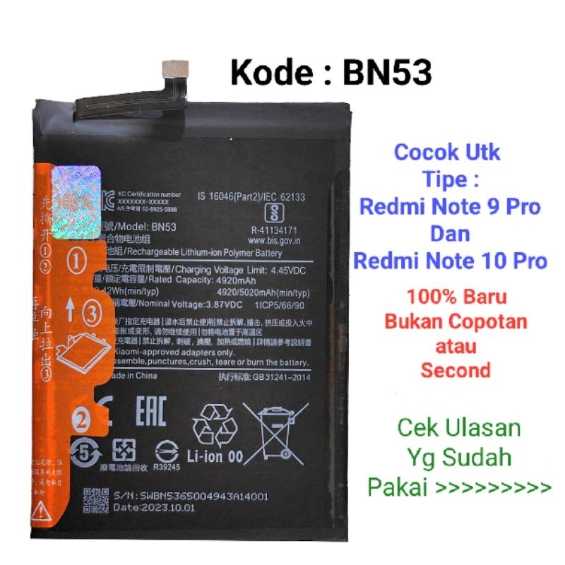 Jual Baterai Batrai Redmi Note 9 Pro Redmi Note 10 Pro Bn53 Original Batre Battery Shopee 4229