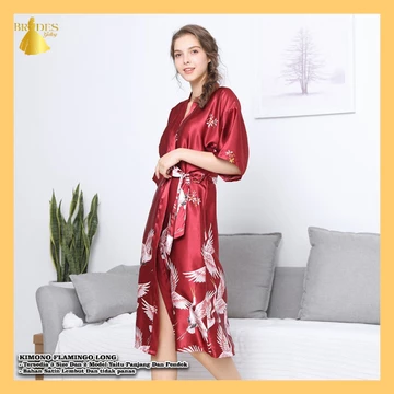BD Kimono Panjang Dan Pendek Bahan Satin Premium Motif Flamingo Baju Tidur Pengantin BD08 09