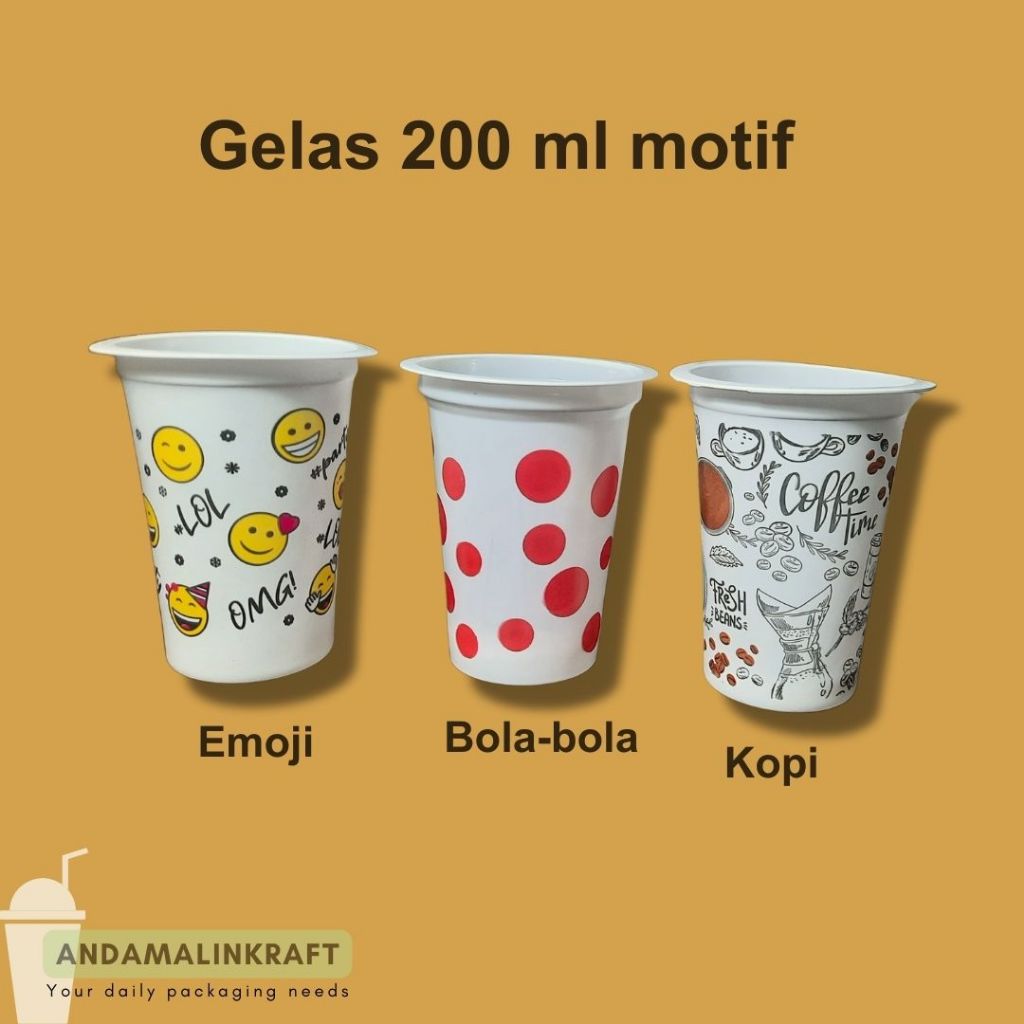 Jual Gelas plastik 200 ml motif isi 50 pcs/ cup plastik 200 ml / gelas