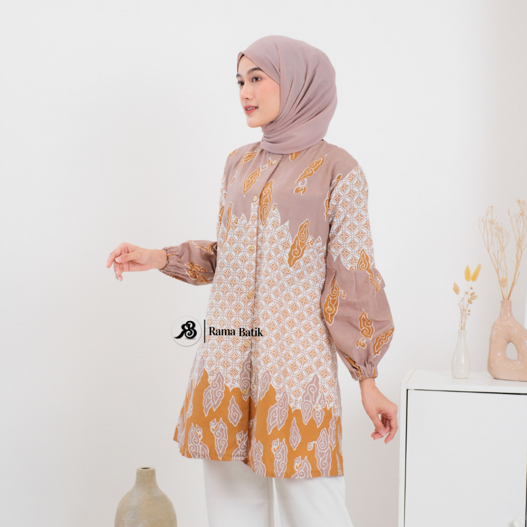 Jual Tunik Batik Wanita Modern Tunik Kancing Lengan Balon Warna Soft ...