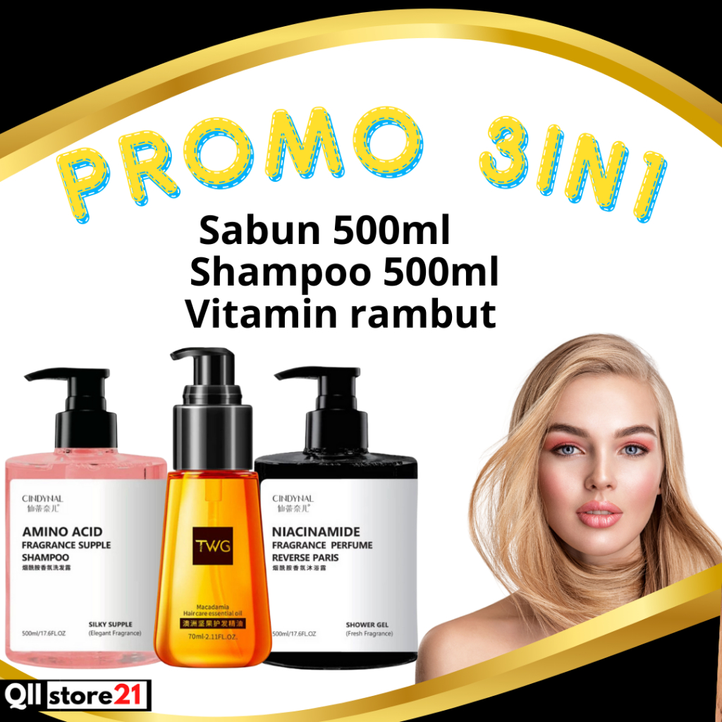 Paket 3 In 1 BPOM - Shower Gel CINDYNAL Reverse Paris & Silky Shampoo Amino Acid Sabun Pemutih Badan Shampo Mengatasi Rambut Kering dan Rusak 500ml Free Vitamin Rambut