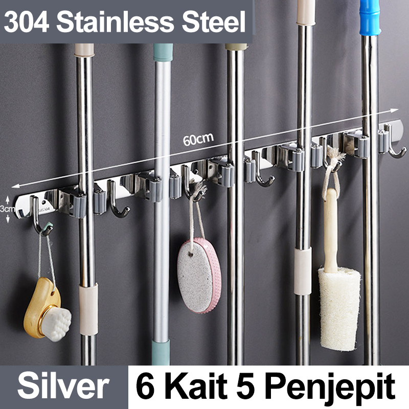 𝑨𝑵𝑩𝑶𝑳𝑻 Gantungan Sapu Pel Stainless Steel Mop Holder Dengan Hook  Rak Pel Kait Penjepit Rak Sapu Pel Multifungsi Penjepit Gantungan Pel  Sikat
