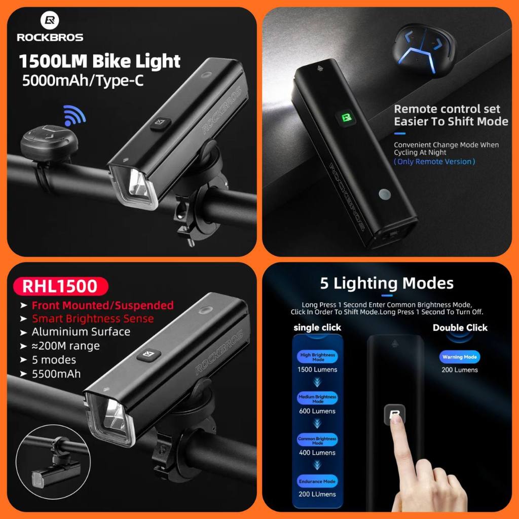 Jual ROCKBROSS lampu depan sepeda rockbros RHL 1500 rechargeabled ...