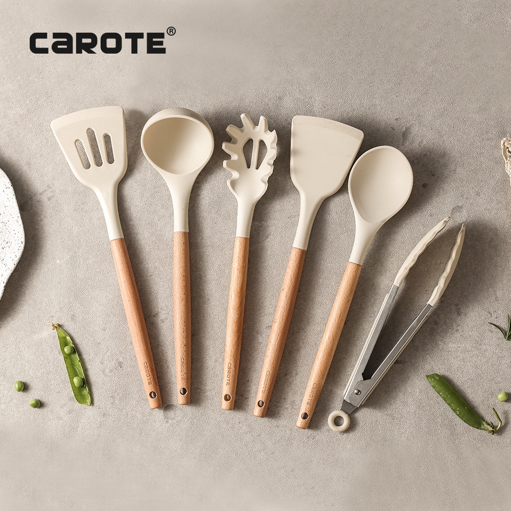 Jual CAROTE Wooden Handle Slotted White color Nonstick Food Grade