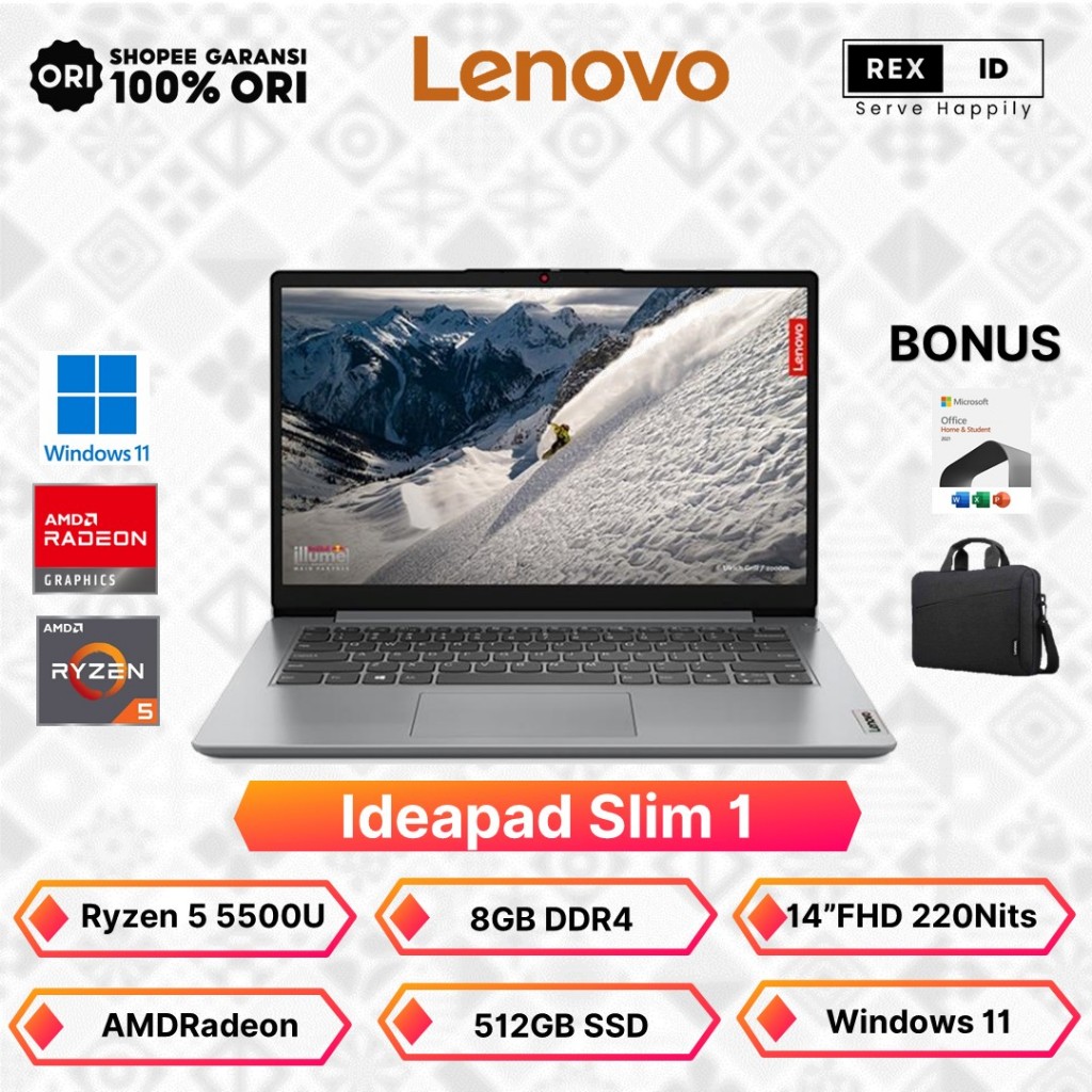 Jual Lenovo ideapad Slim 1 14ALC7 Ryzen 55500U 16GB 512GB 14"FHD Windows 11 + office Home